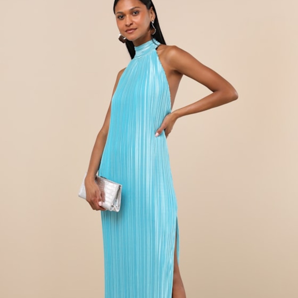 Lulus Gwenny Aqua Blue Satin Plisse Maxi Dress - Size M